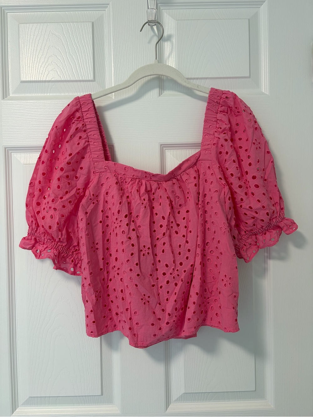 STATE Pink Eyelet Puff-Sleeve Square-Neck Blouse